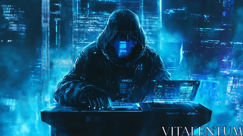 Midnight codebreaker in a glowing blue cyber cityscape.