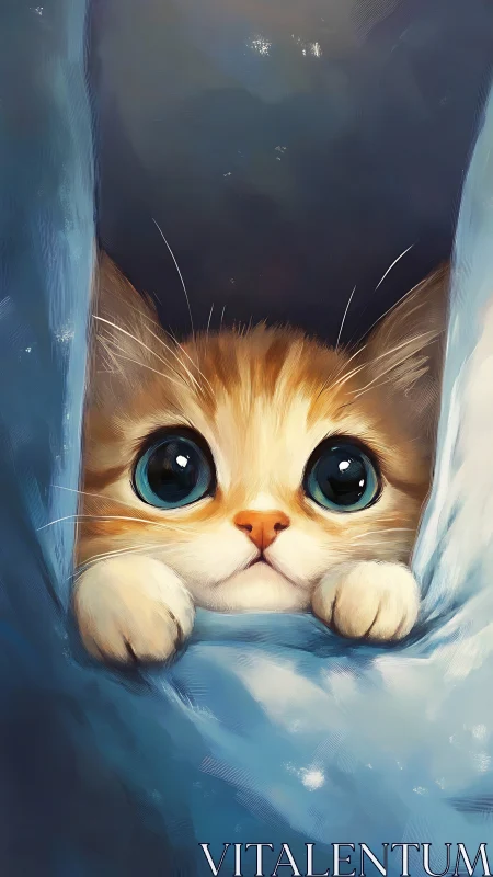 Orange Cat with Blue Eyes Peeking Through Fabric.