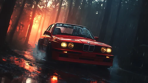 Scarlet drift car slices through a rain-soaked ember forest