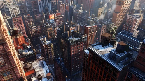 Rooftop chimneys and neon whispers above winter city canyons.