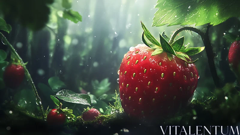 Strawberry with surface moisture rests in diffuse forest light