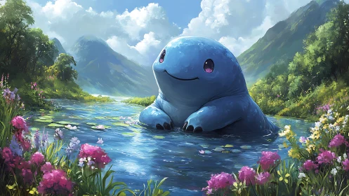 River guardian blob smiles softly among mountain wildflowers
