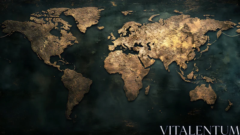 Textured brass world map on dark teal patina background.