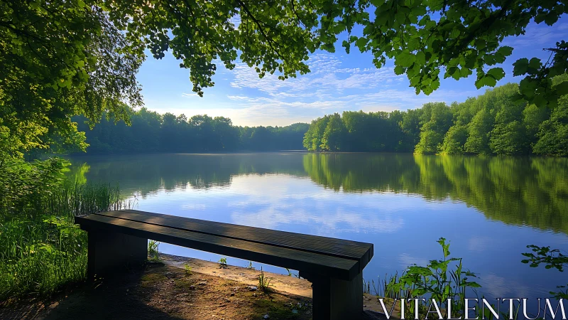 Lakeside bench under green canopy beside calm water reflection.