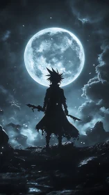 Silhouetted warrior stands against hyper-detailed lunar backlight