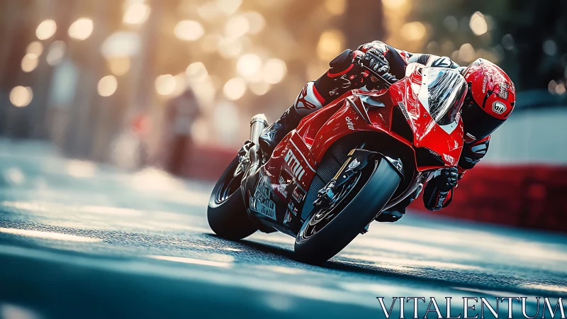 Superbike leans into urban corner under warm sunset light
