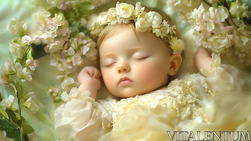 Sleeping Infant Surrounded by Delicate Cream Blossoms.