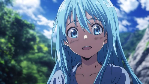 Blue haired anime girl gazes upward under bright sky