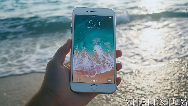 iPhone displaying coastal wave scene at beach location.