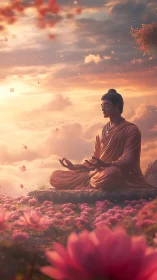 Lotus dusk serenity with meditating Buddha in rose clouds.