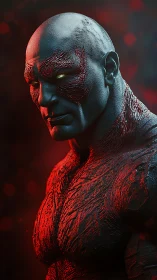 Battle-scarred titan studies the shadows with ember eyes