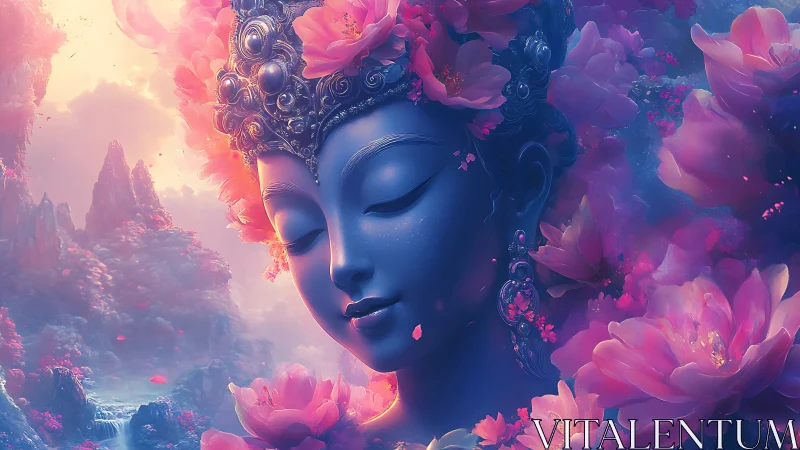Serene blue goddess portrait merges with luminous floral nebula