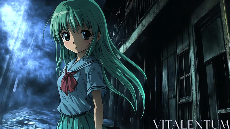 Anime schoolgirl stands in moody alley under blue mist.
