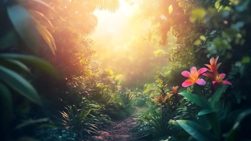 Radiant Garden Path Bathed in Golden Sunlight.