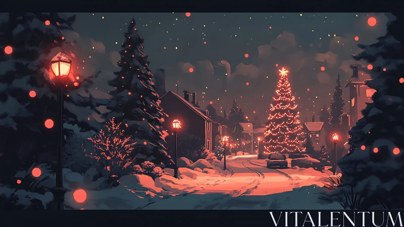 Snowy small-town street glowing with cozy Christmas lights.