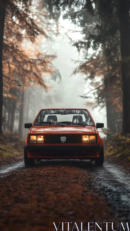 Vintage red car pauses on a misty forest backroad.