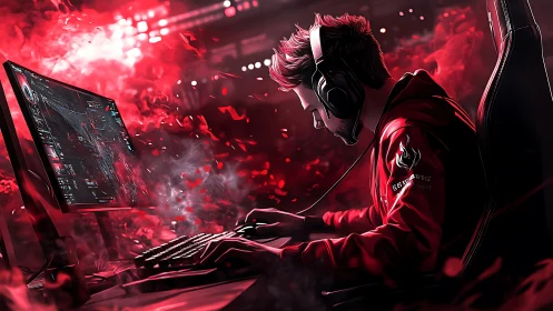 Focused esports gamer dives into an intense red arena moment
