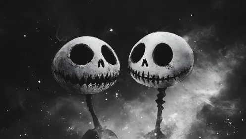 Monochrome skeletal heads on stems in diffuse space field.