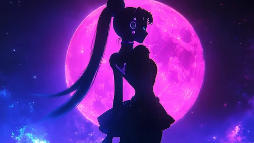 Neon moonlit heroine pauses in a dreamy, glowing galaxy