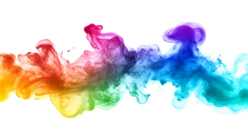Multicolor pigment clouds in fluid motion on white background.