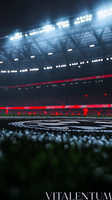 Photorealistic stadium pitch close-up under dramatic floodlights.