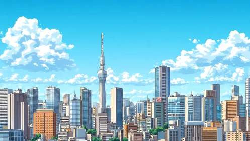 Anime skyline rendering shows dense high-rise cluster under clear sky