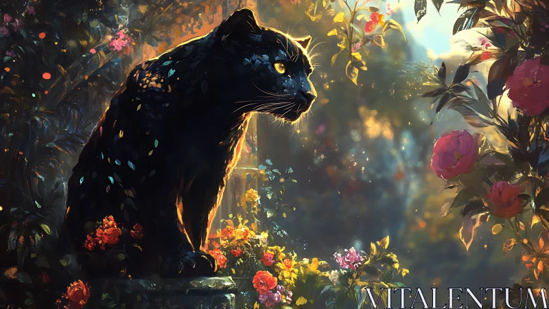 Black Panther Among Luminous Flowers in Golden Light.