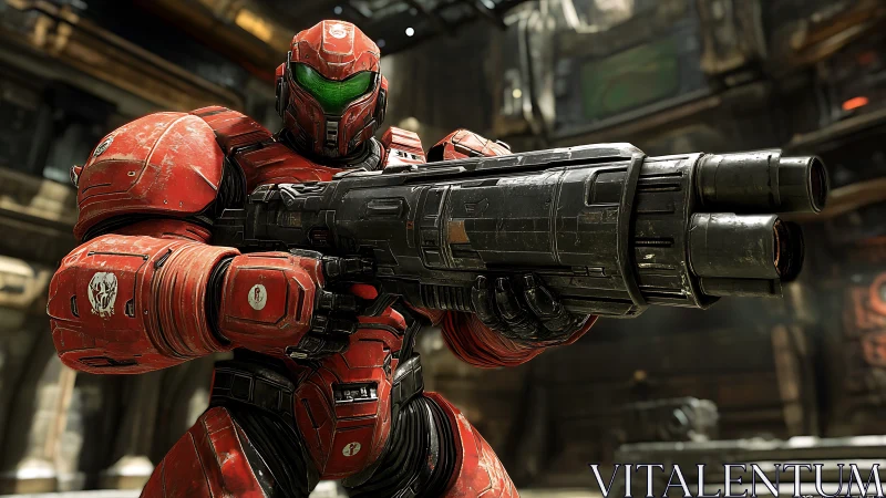 Armored crimson titan aims a thunderous sci-fi cannon.