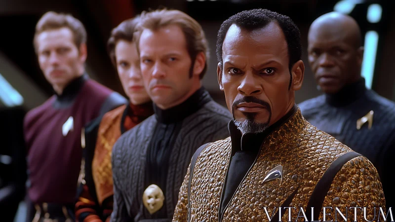 Uniformed officers in ornate sci fi command setting group shot.