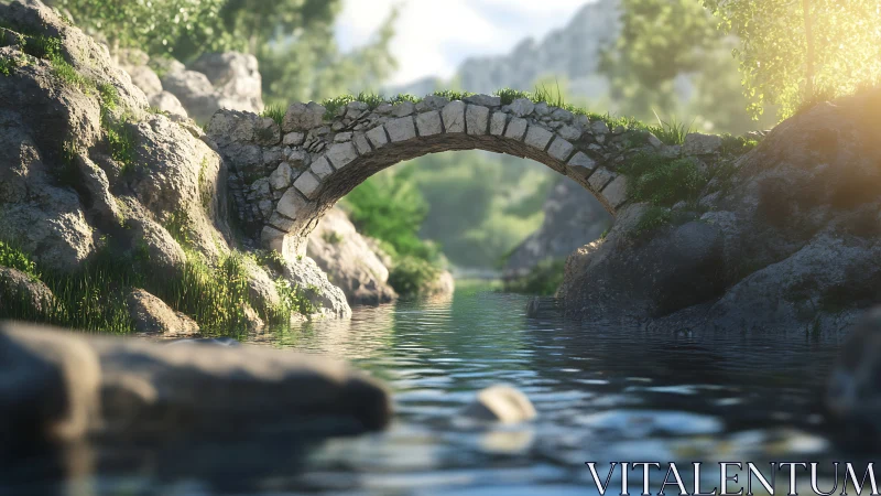 Stone arch bridge over tranquil forest stream at sunrise.