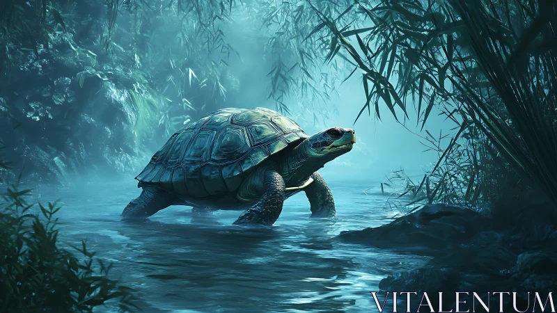 Turtle moves through shallow stream under diffuse blue light