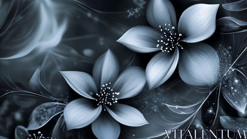Monochrome digital flowers with soft glowing petals.