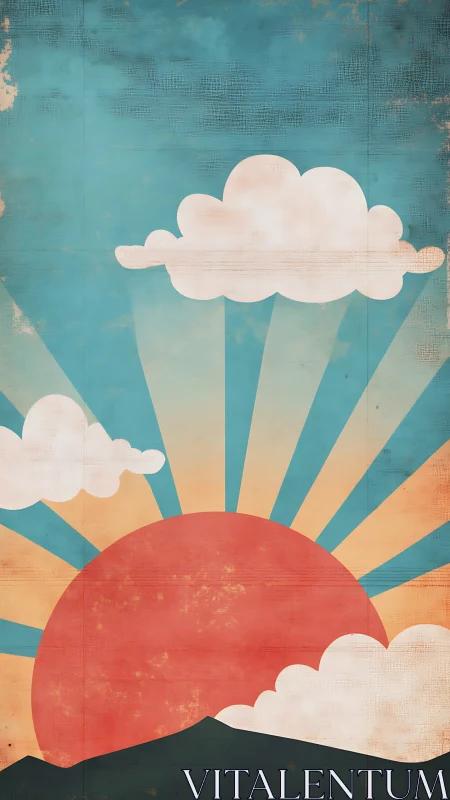 Retro sunrise illustration uses flat geometry and muted tones