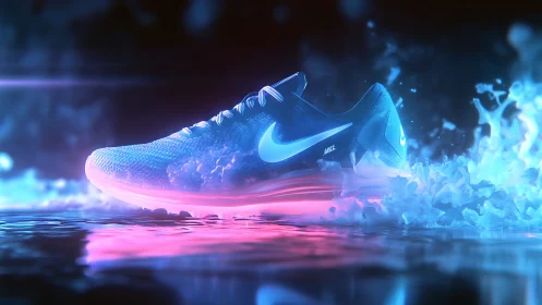 Neon-lit running shoe in dynamic liquid energy rendering.