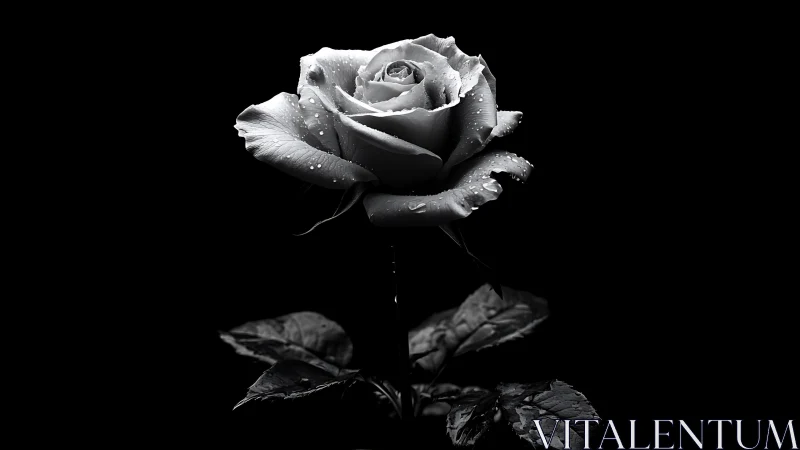 Monochrome macro rose with high-contrast droplet rendering.