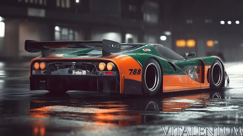 Rain-soaked race car waits under neon city lights at night