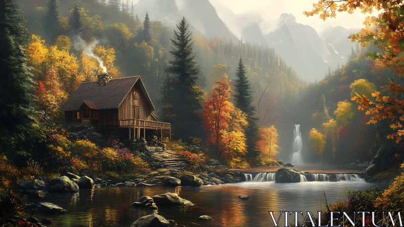 Cozy riverside cabin tucked into glowing autumn mountainscape.