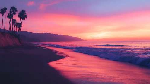Cotton candy sunset surf kissing a quiet palm-lined shore.