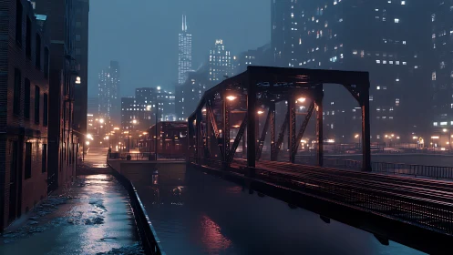 Rainy city bridge glowing softly in the evening hush.