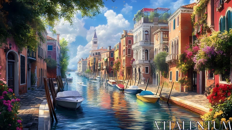 Venetian canal under summer light with colorful facades.