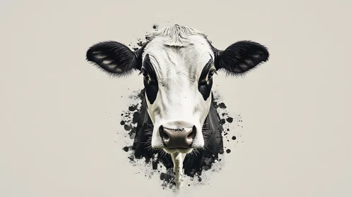 High-contrast Holstein cow portrait with splatter-edged negative space