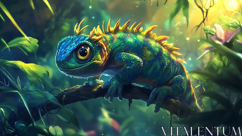 Bioluminescent reptile on branch in dense jungle environment.