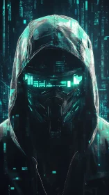 Electric hooded hacker silhouette glows in neon cyber code