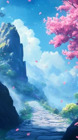 Blossom lined mountain path winds into serene blue skies