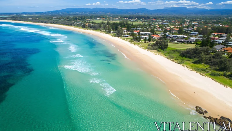 Aerial coastal panorama with turquoise surf and shoreline geometry.