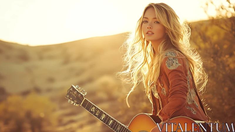 Woman holding acoustic guitar in sunlit outdoor setting