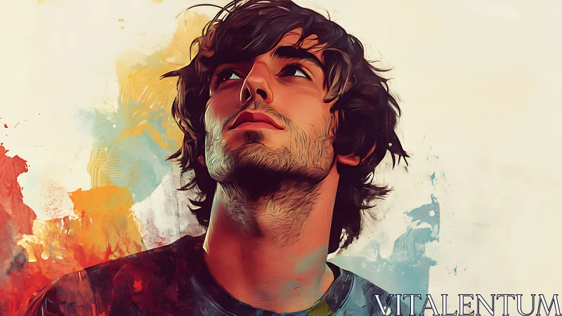 Expressive digital portrait of young man amid abstract color fields