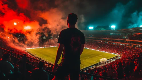 Silhouette of spectator overseeing illuminated football stadium
