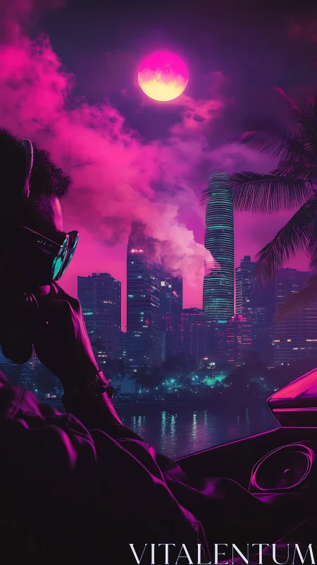 Neon city skyline under pink moon with distant observer.