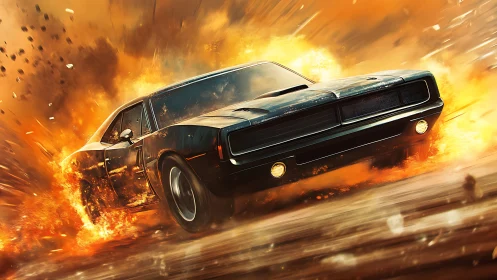 Muscle car bursting through blazing flames in high-octane style.